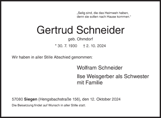 Traueranzeige von Gertrud Schneider von Siegener Zeitung