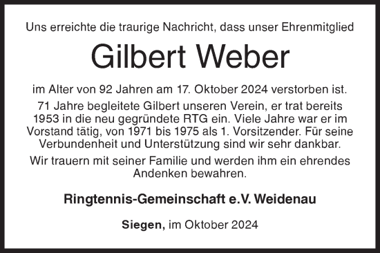 Traueranzeige von Gilbert Weber von Siegener Zeitung