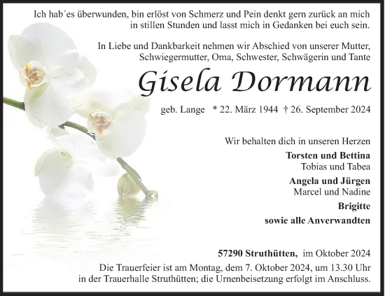 Traueranzeige von Gisela Dormann von Siegener Zeitung