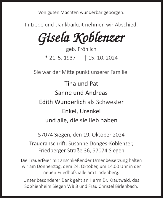 Traueranzeige von Gisela  Koblenzer von Siegener Zeitung