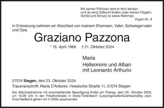 Traueranzeige von Graziano Pazzona von Siegener Zeitung