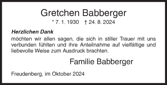 Traueranzeige von Gretchen Babberger von Siegener Zeitung