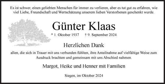 Traueranzeige von Günter Klaas von Siegener Zeitung