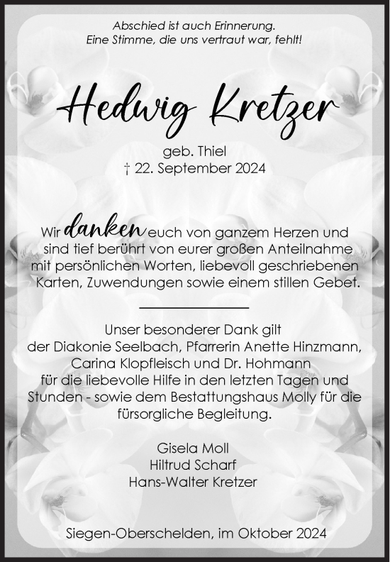 Traueranzeige von Hedwig Kretzer von Siegener Zeitung