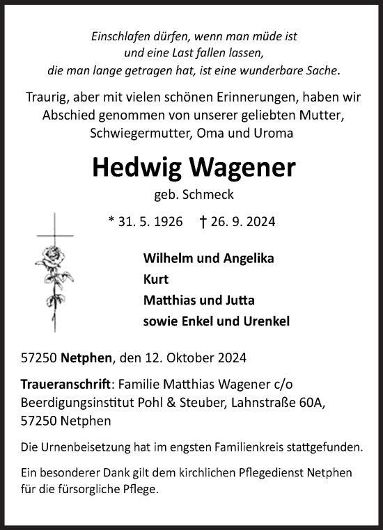 Traueranzeige von Hedwig Wagener von Siegener Zeitung
