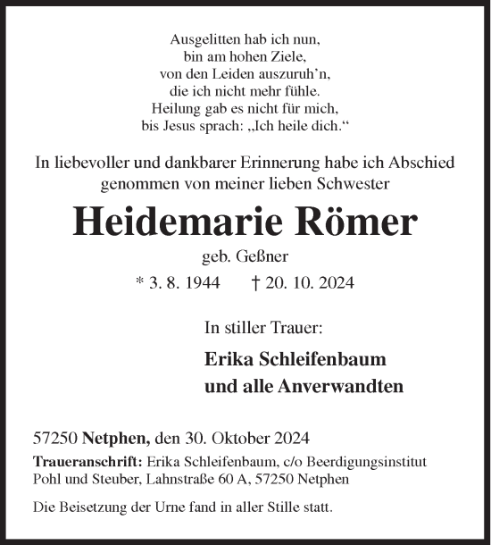 Traueranzeige von Heidemarie Römer von Siegener Zeitung