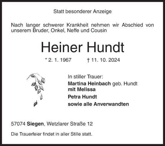 Traueranzeige von Heiner Hundt von Siegener Zeitung