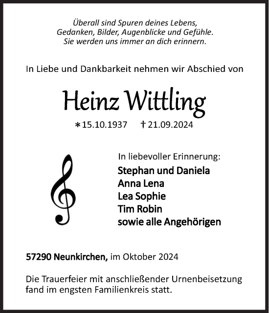 Traueranzeige von Heinz Wittling von Siegener Zeitung