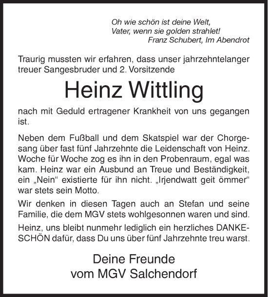 Traueranzeige von Heinz Wittling von Siegener Zeitung