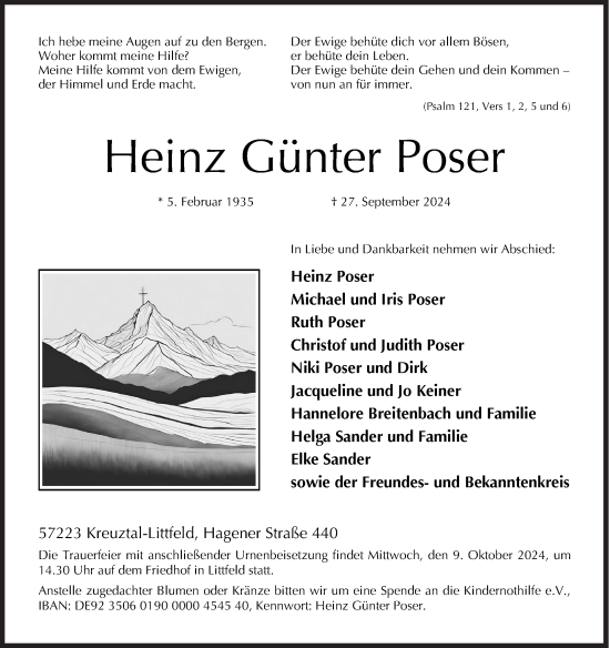 Traueranzeige von Heinz Günter Poser von Siegener Zeitung