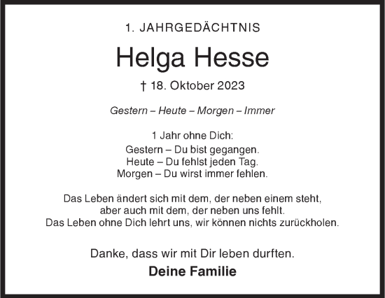 Traueranzeige von Helga Hesse von Siegener Zeitung