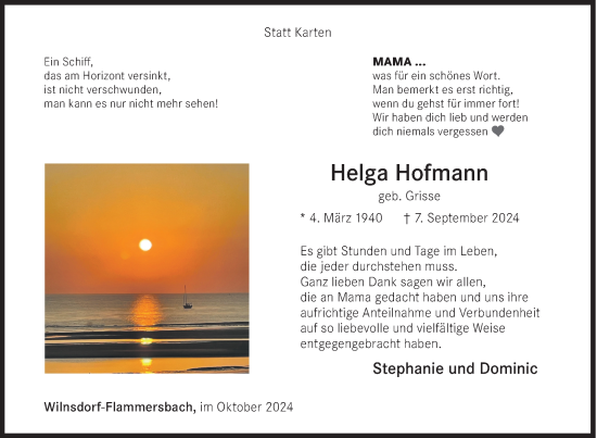 Traueranzeige von Helga Hofmann von Siegener Zeitung