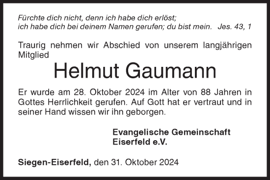 Traueranzeige von Helmut Gaumann von Siegener Zeitung