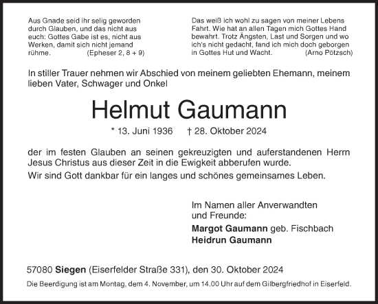 Traueranzeige von Helmut Gaumann von Siegener Zeitung