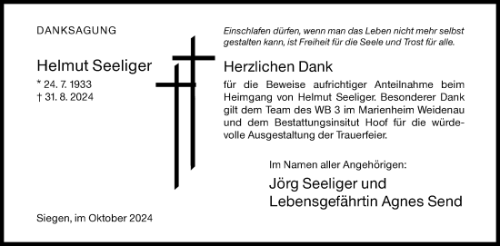 Traueranzeige von Helmut Seeliger von Siegener Zeitung
