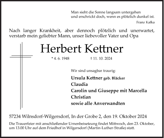 Traueranzeige von Herbert Kettner von Siegener Zeitung