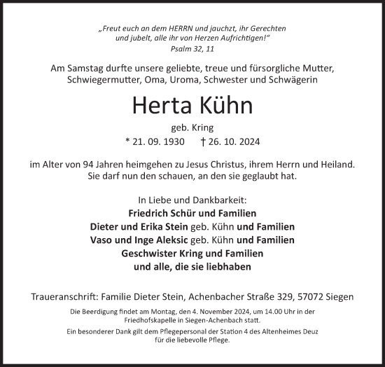 Traueranzeige von Herta Kühn von Siegener Zeitung