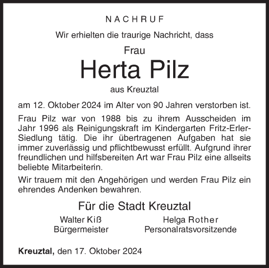 Traueranzeige von Herta Pilz von Siegener Zeitung