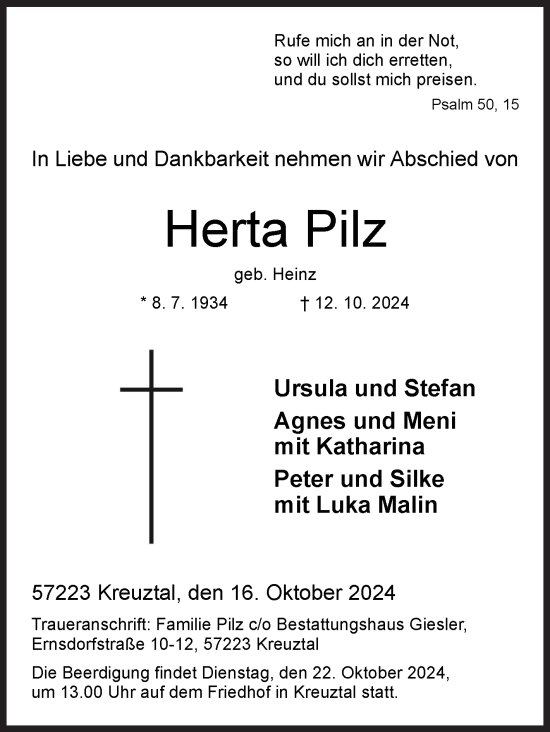 Traueranzeige von Herta Pilz von Siegener Zeitung