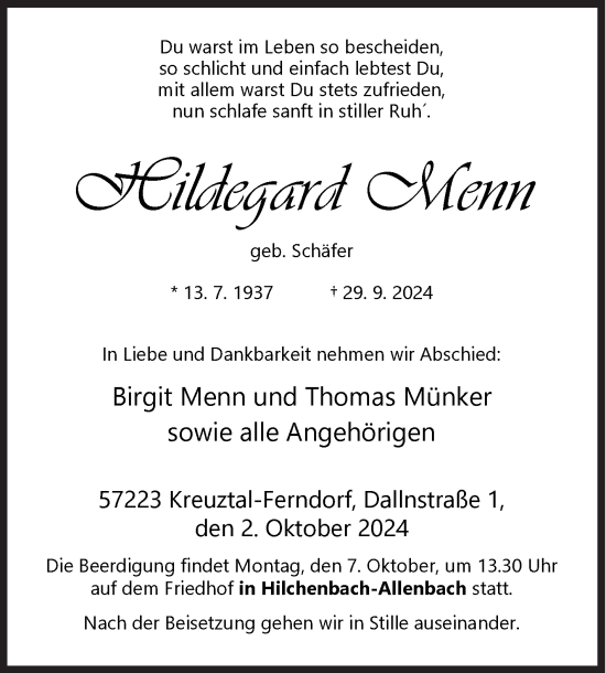 Traueranzeige von Hildegard Menn von Siegener Zeitung