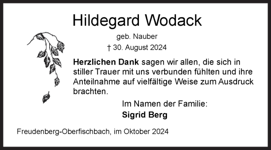 Traueranzeige von Hildegard Wodack von Siegener Zeitung
