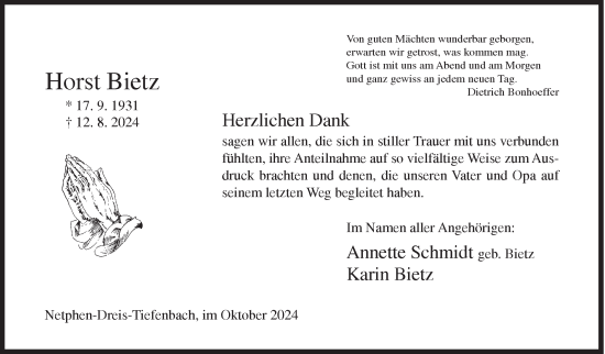 Traueranzeige von Horst Bietz von Siegener Zeitung