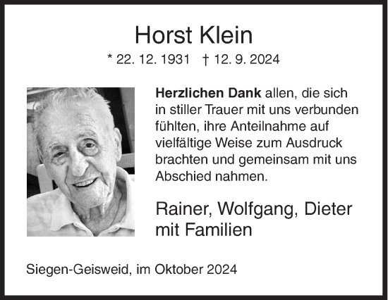 Traueranzeige von Horst Klein von Siegener Zeitung