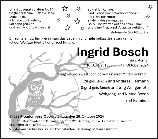 Traueranzeige von Ingrid Bosch von Siegener Zeitung
