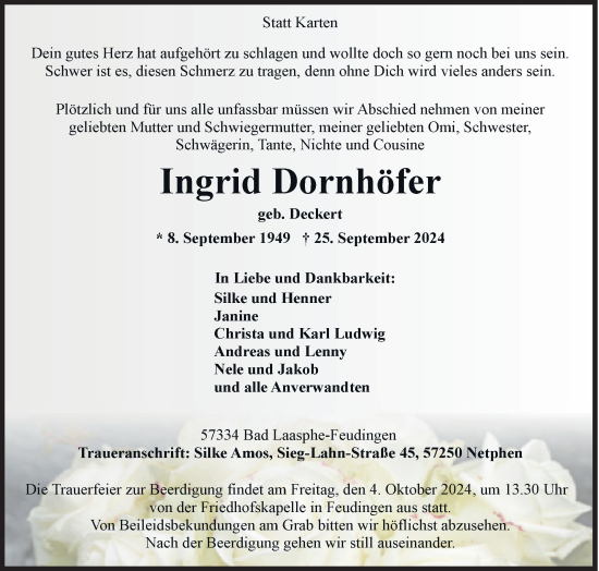 Traueranzeige von Ingrid Dornhöfer von Siegener Zeitung