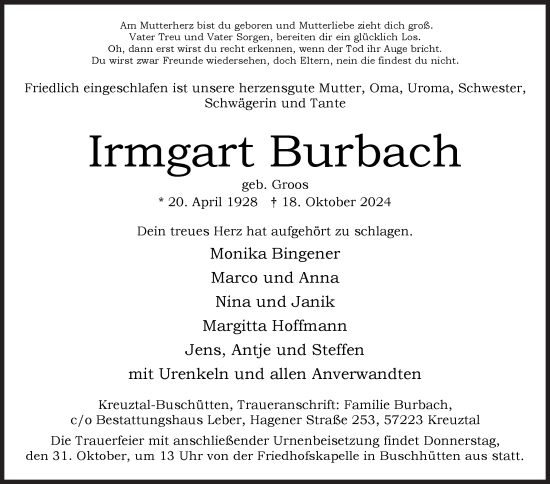 Traueranzeige von Irmgart Burbach von Siegener Zeitung