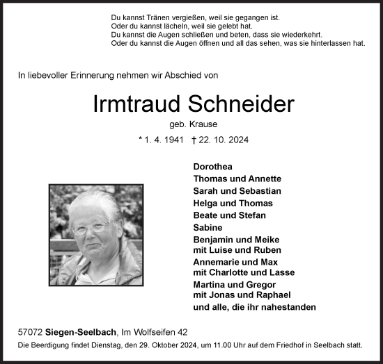 Traueranzeige von Irmtraud Schneider von Siegener Zeitung