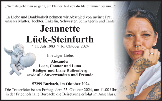 Traueranzeige von Jeannette Lück-Steinfurth von Siegener Zeitung