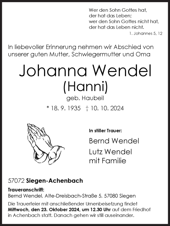 Traueranzeige von Johanna Wendel von Siegener Zeitung