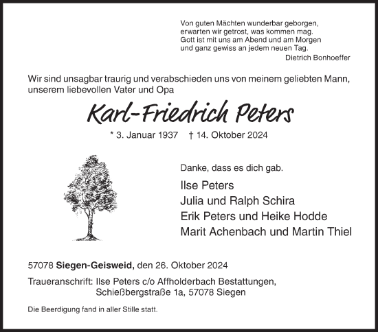 Traueranzeige von Karl-Friedrich Peters von Siegener Zeitung