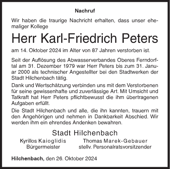 Traueranzeige von Karl-Friedrich Peters von Siegener Zeitung