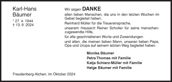 Traueranzeige von Karl-Hans Bäumer von Siegener Zeitung