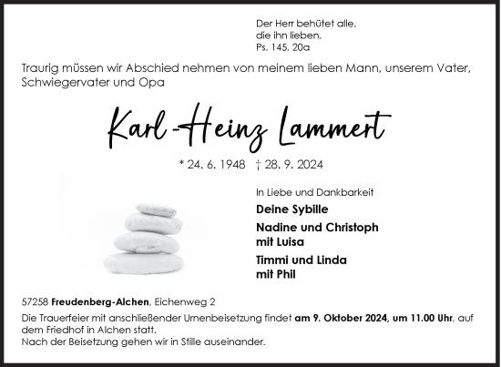 Traueranzeige von Karl-Heinz Lammert von Siegener Zeitung