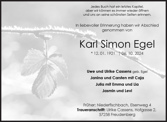 Traueranzeige von Karl Simon Egel von Siegener Zeitung