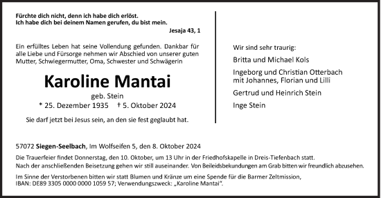 Traueranzeige von Karoline Mantai von Siegener Zeitung