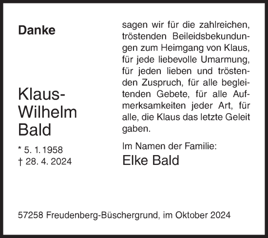 Traueranzeige von Klaus-Wilhelm Bald von Siegener Zeitung