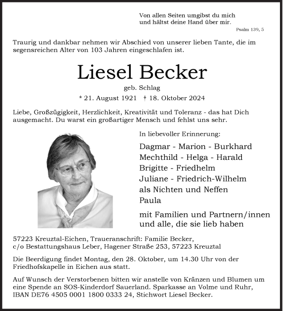 Traueranzeige von Liesel Becker von Siegener Zeitung