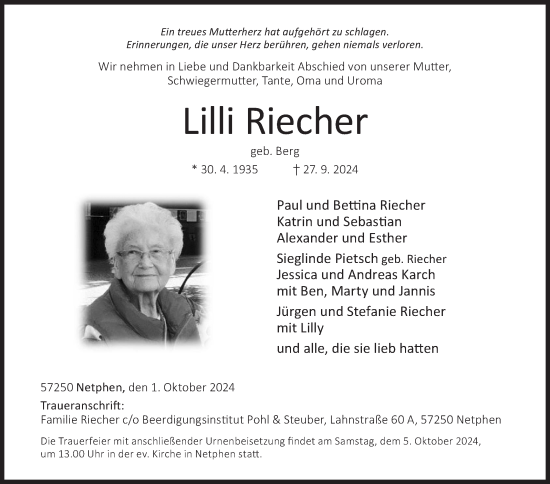 Traueranzeige von Lilli Riecher von Siegener Zeitung
