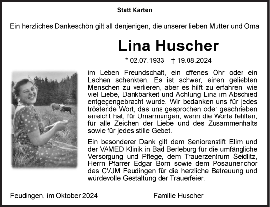 Traueranzeige von Lina Huscher von Siegener Zeitung