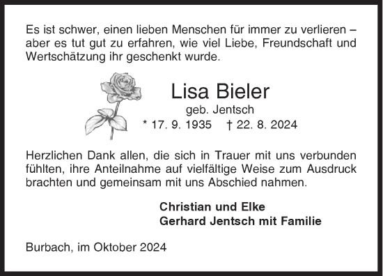 Traueranzeige von Lisa Bieler von Siegener Zeitung