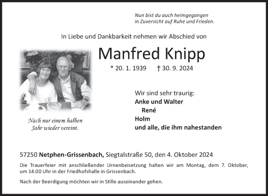 Traueranzeige von Manfred Knipp von Siegener Zeitung