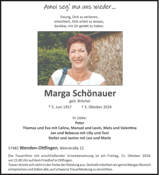 Traueranzeige von Marga Schönauer von Siegener Zeitung