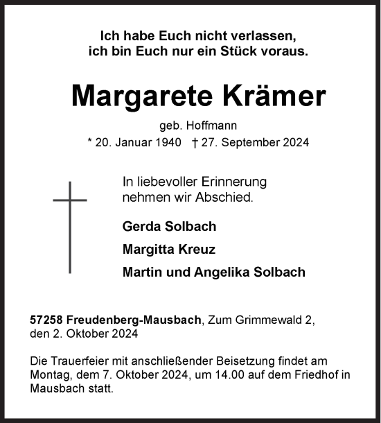 Traueranzeige von Margarete Krämer von Siegener Zeitung