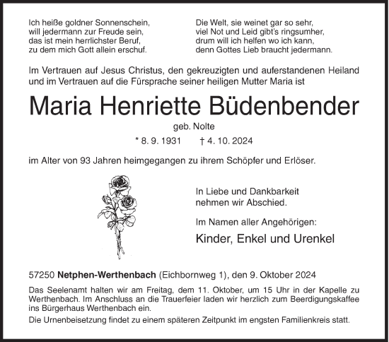 Traueranzeige von Maria Henriette Büdenbender von Siegener Zeitung