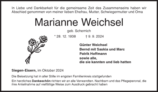 Traueranzeige von Marianne Weichsel von Siegener Zeitung