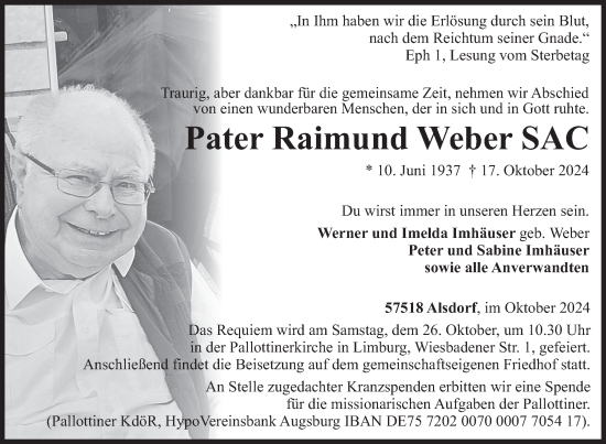 Traueranzeige von Pater Raimund Weber von Siegener Zeitung